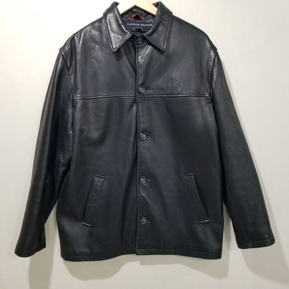Vintage Tommy Hilfiger Leather Jacket Mens Medium Black Mid Pea Coat Dress - Picture 12 of 12